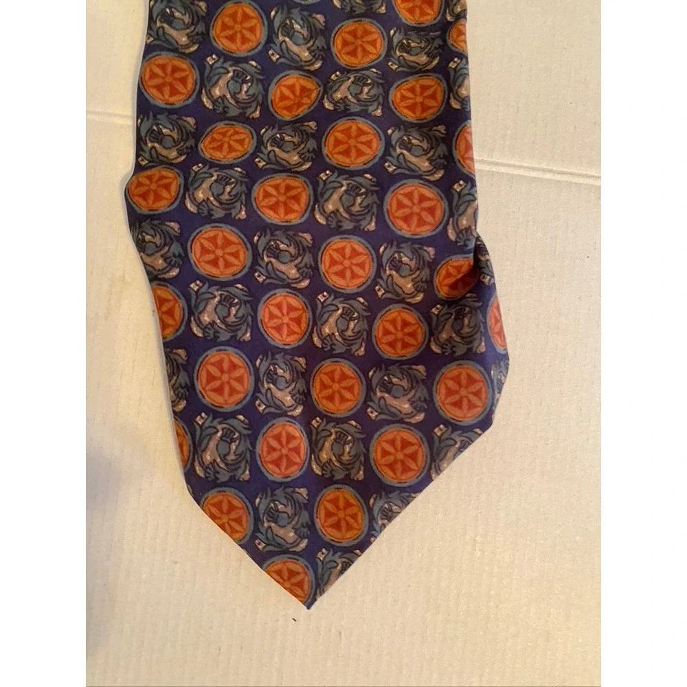 Christian Dior Monsieur Silk Tie Medallion Dragon Navy Blue Orange Geometric